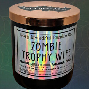 Zombie Trophy Wife Crackling Wood Wick Candle: Orange Patchouli Sugar Scent